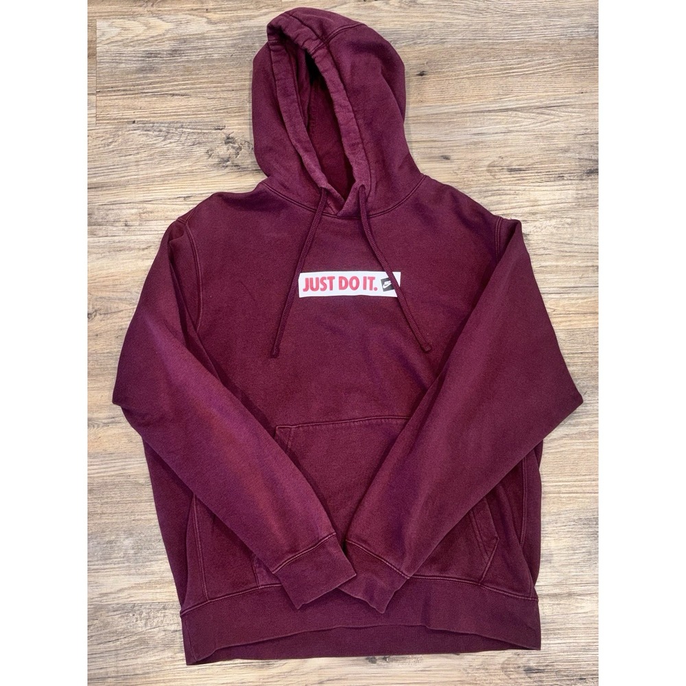 Nike Just Do It Burgundy Pullover Hoodie Men Large Fleece Sweatshirt Logo Sports - Picture 2 of 12